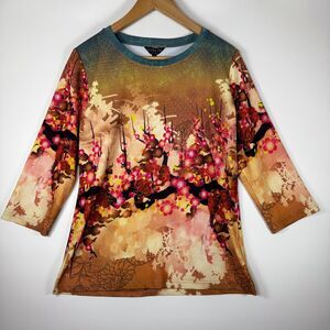 CItron Santa Monica Top Medium Pink Coral Tan Floral Blossom Art Print Stretch